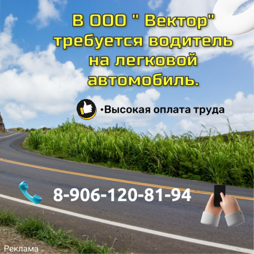 В ООО » Вектор» требуется водитель на легковой автомобиль