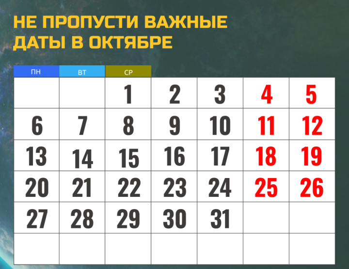 Праздничные даты в октябре 2025 года