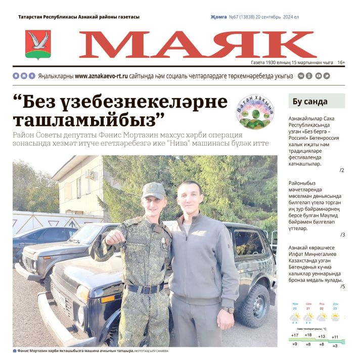 «Маяк» газетасының 20 сентябрь санының актуаль хәбәрләре